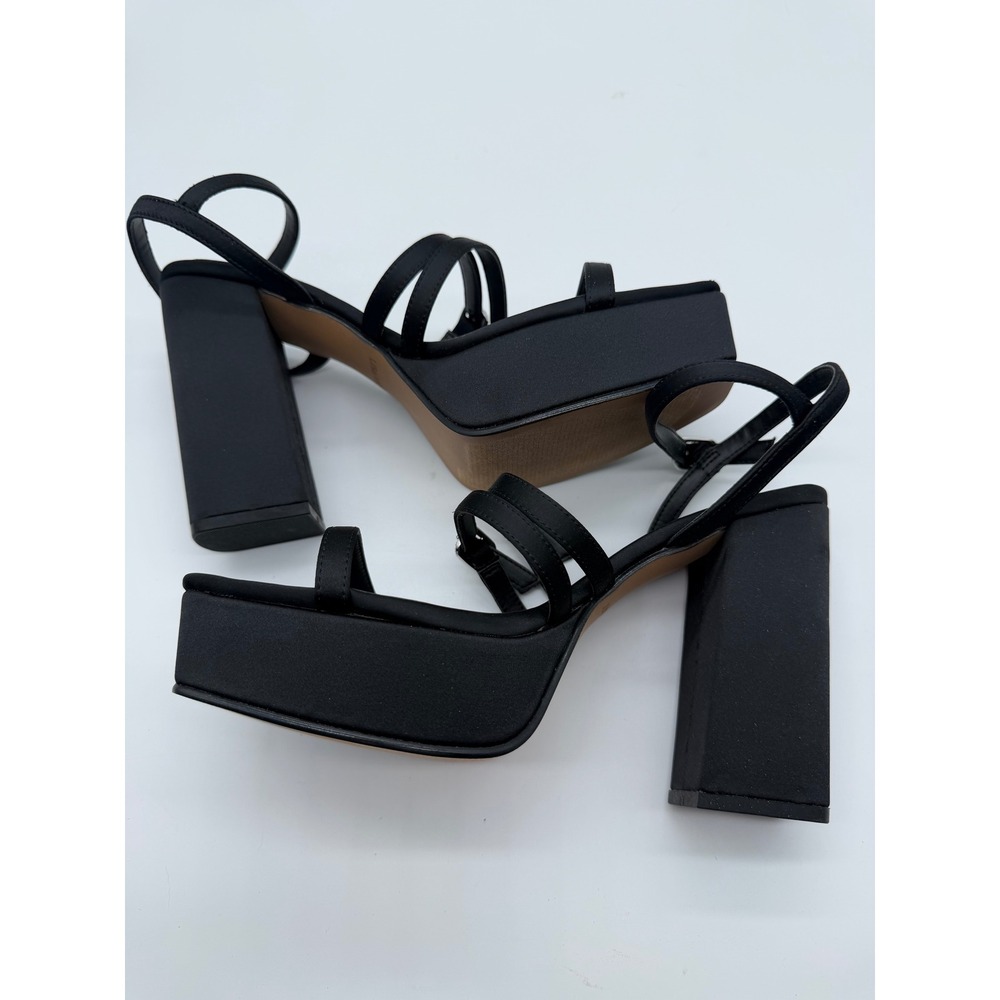 Lisa Vicky Babe-V Black Satin Platform Block Heel Rhinestone Buckle Sandals 8M